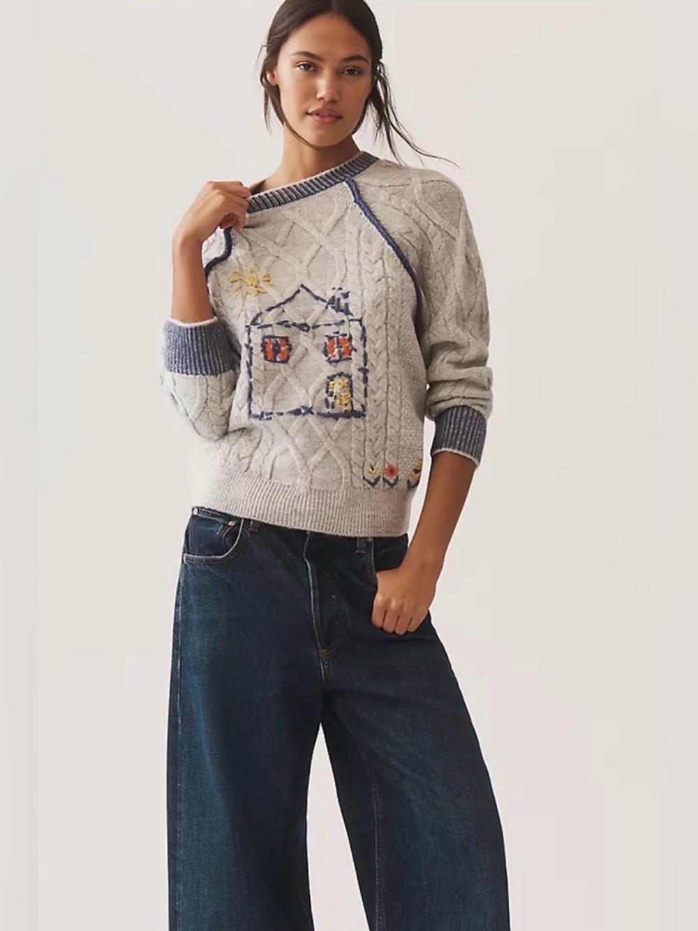Anthropologie Pilcro Cable-Knit Embroidered Cozy Home Sweater - Picture 3 of 10